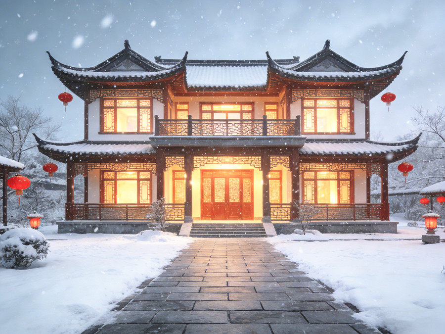 雪地上的一栋中式风格的轻钢别墅
